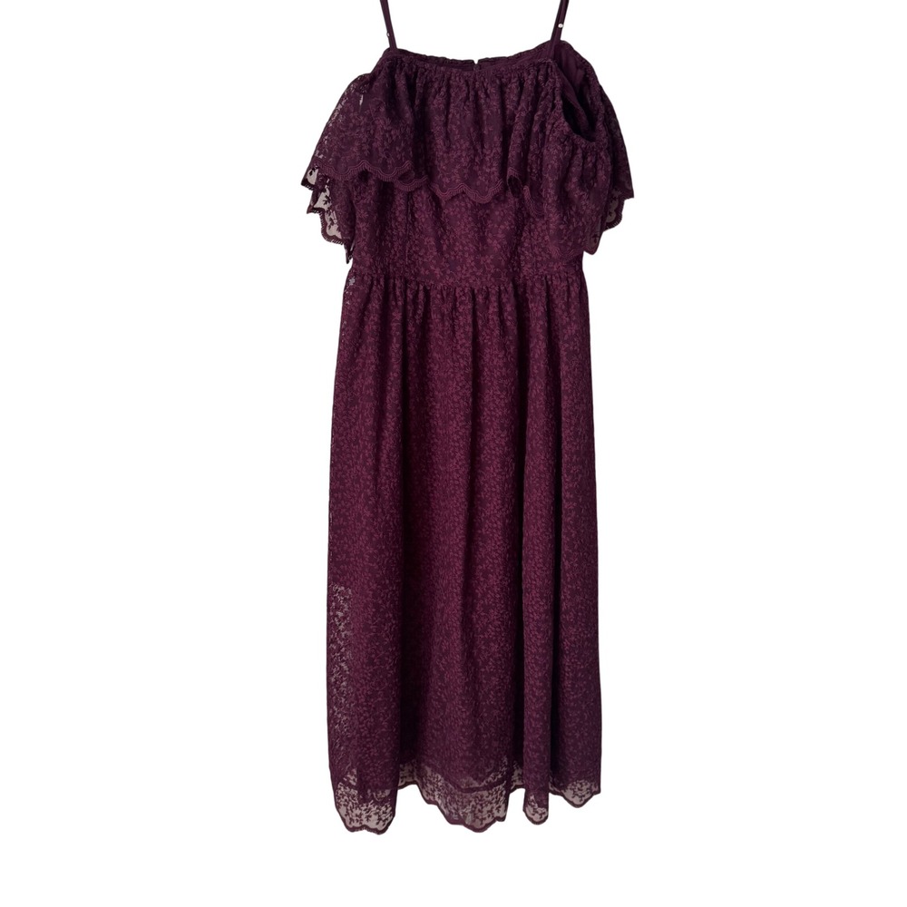 HM Plum Purple Lace Off Shoulder Midi Dress Ruffle Cold Shoulder Size 4